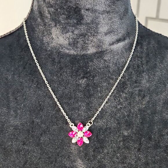 Dainty Pink & Clear Crystal Flower Necklace - Picture 1 of 3